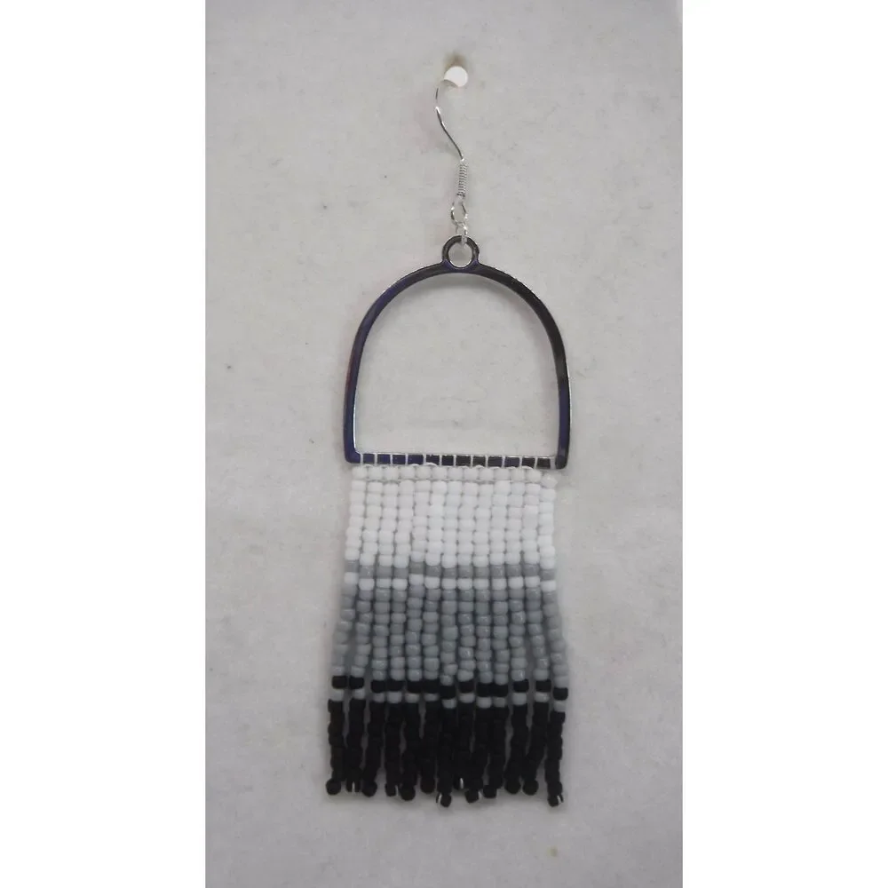 Earrings Beaded Silver w/ White, Gray and Black